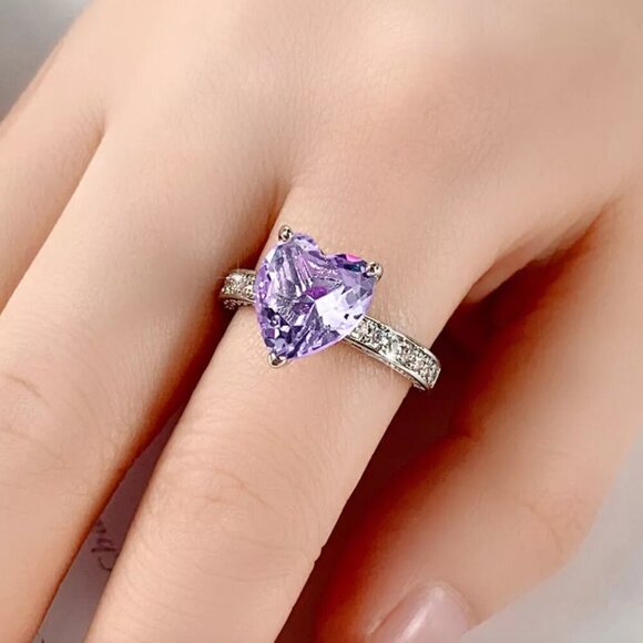925 Sterling Silver Amethyst Diamond Heart Ring Purple Stone Ring - Picture 4 of 4